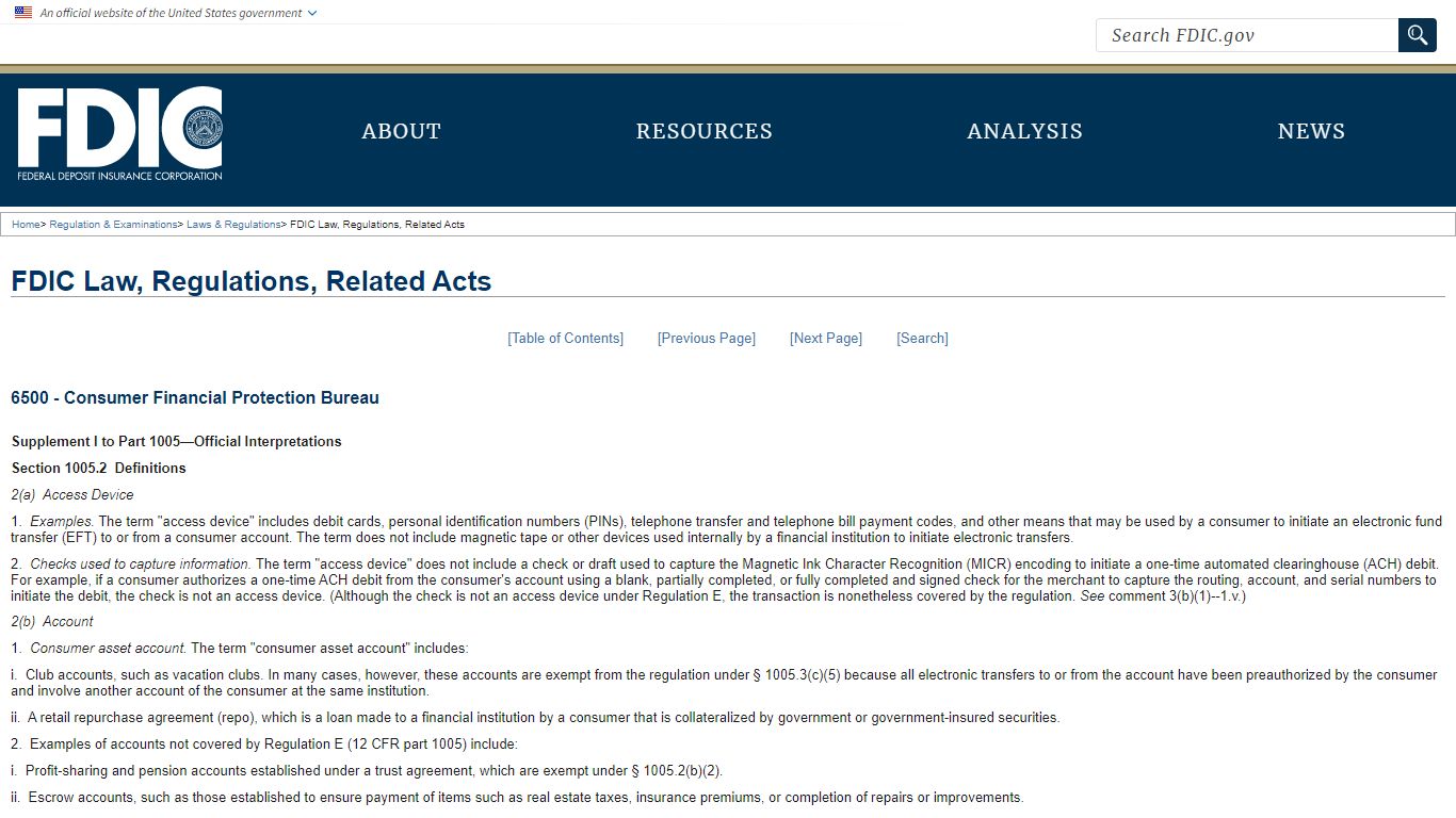 FDIC Law, Regulations, Related Acts - Consumer Financial Protection Bureau